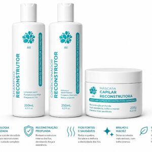 Kit Capilar Reconstrutor 3 Passos – Limpeza, Tratamento e Hidratação para Cabelos Danificados